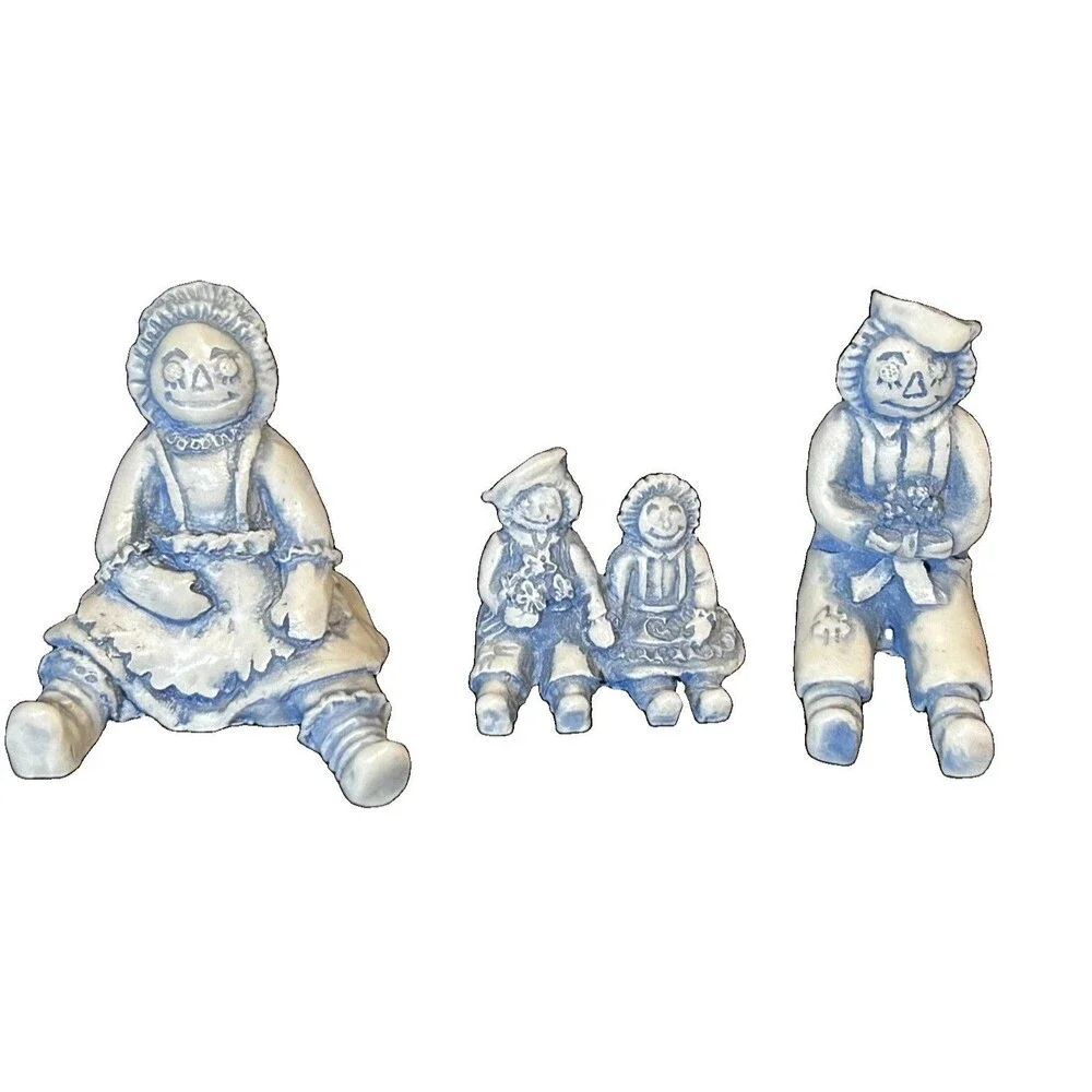 VTG Georgia Blue Marble Raggedy Ann Andy Collectible Figurines Set of 3 Folk Art